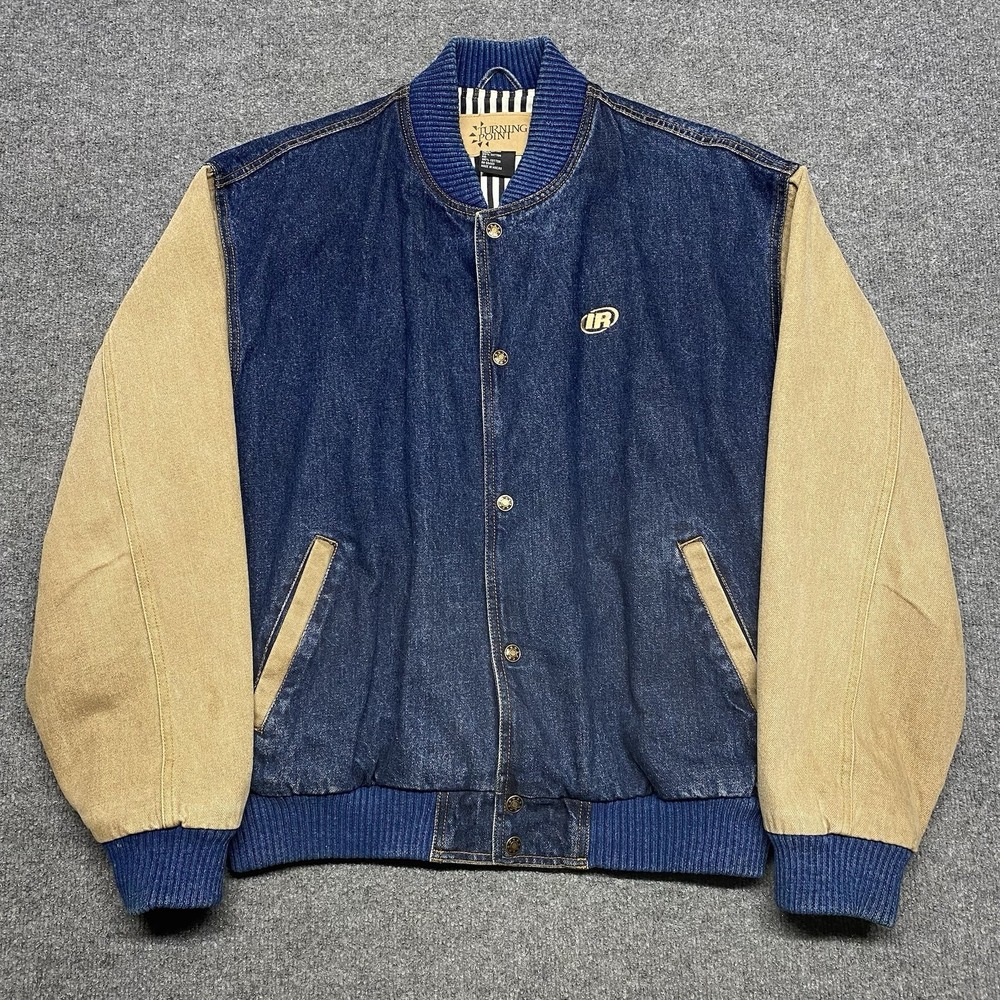 Vintage Turning Point Denim Cream Jacket Mens Large Trucker Bomber Style EUC